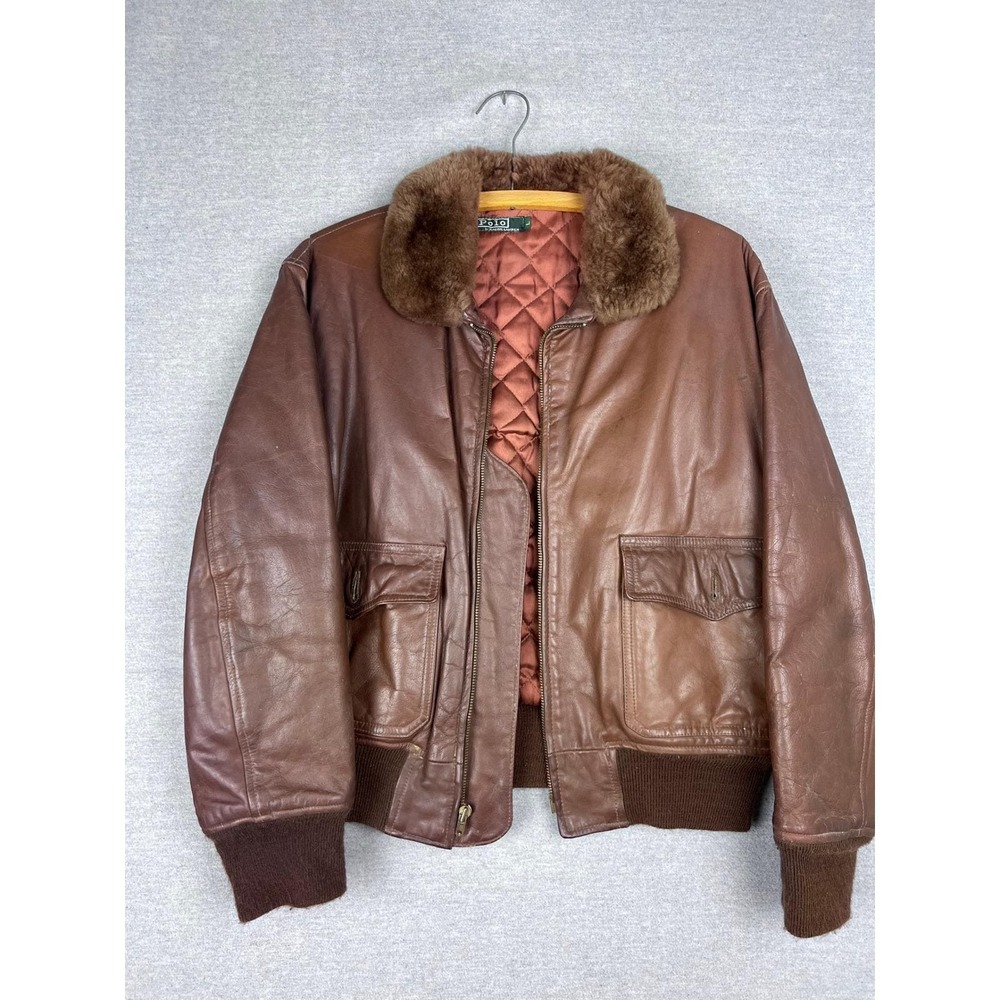 Polo Ralph Lauren Vintage Brown Leather Bomber Jacket Shearling Collar Mens L